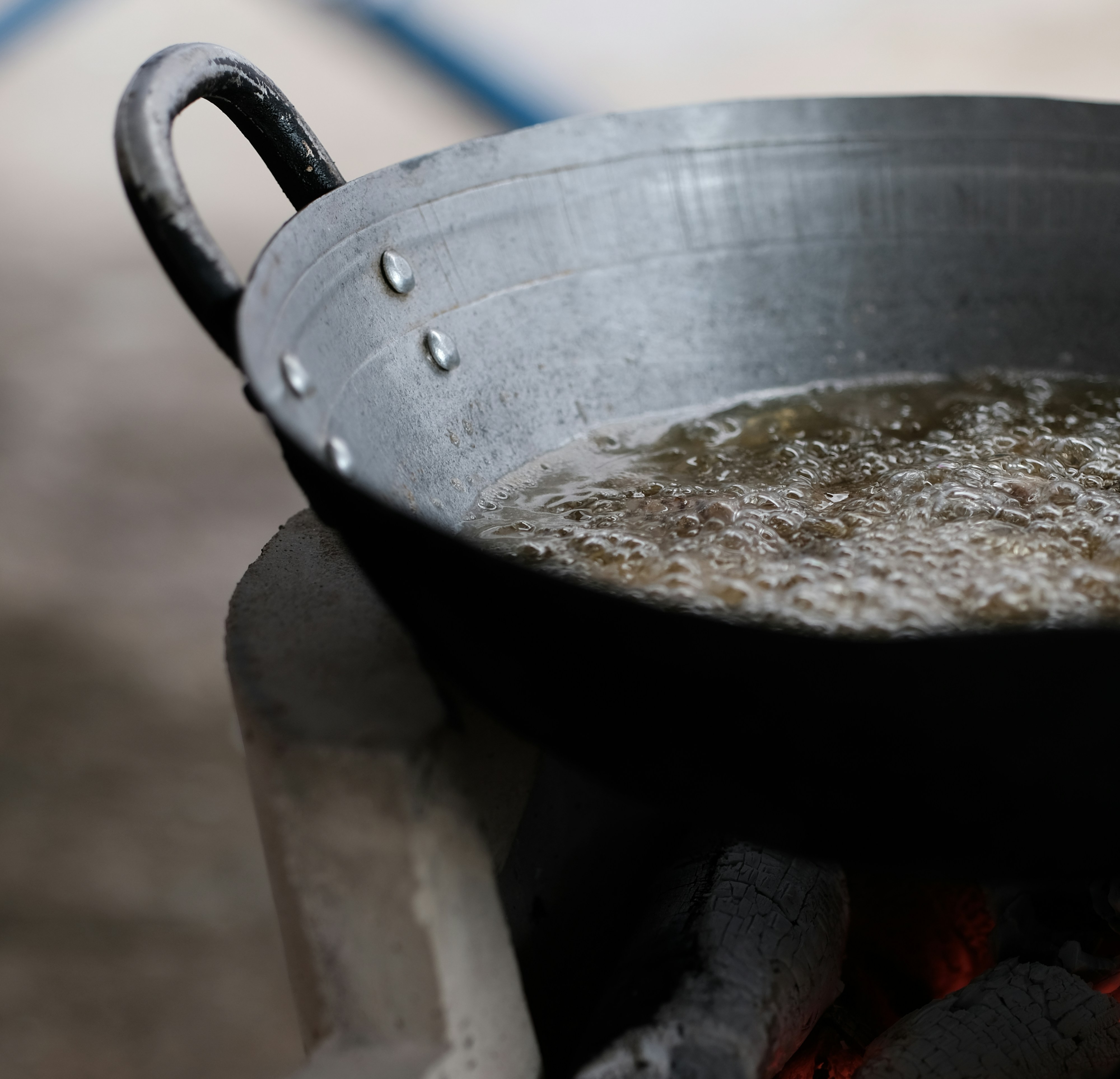 A carbon steel pan, close-up, natural light