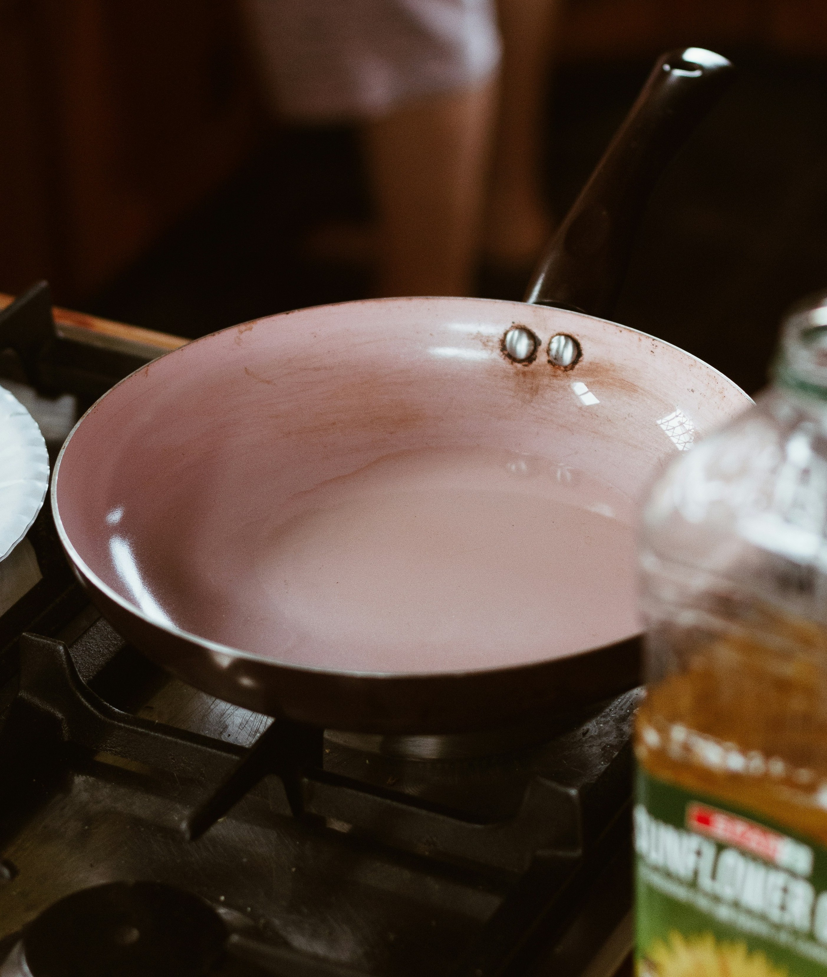 A ceramic coated pan, close-up, natural light