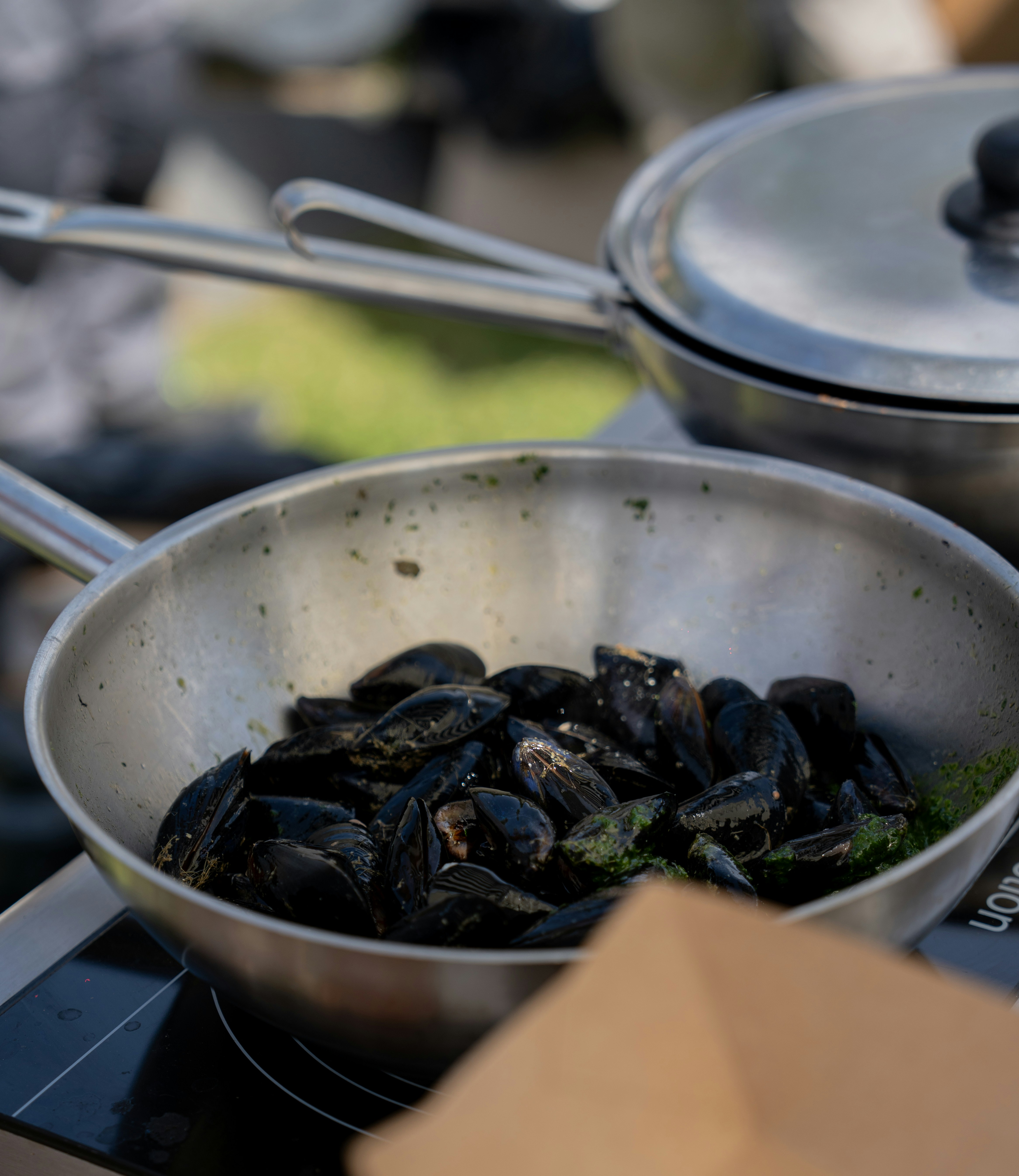 A stainless steel pan, close-up, natural light
