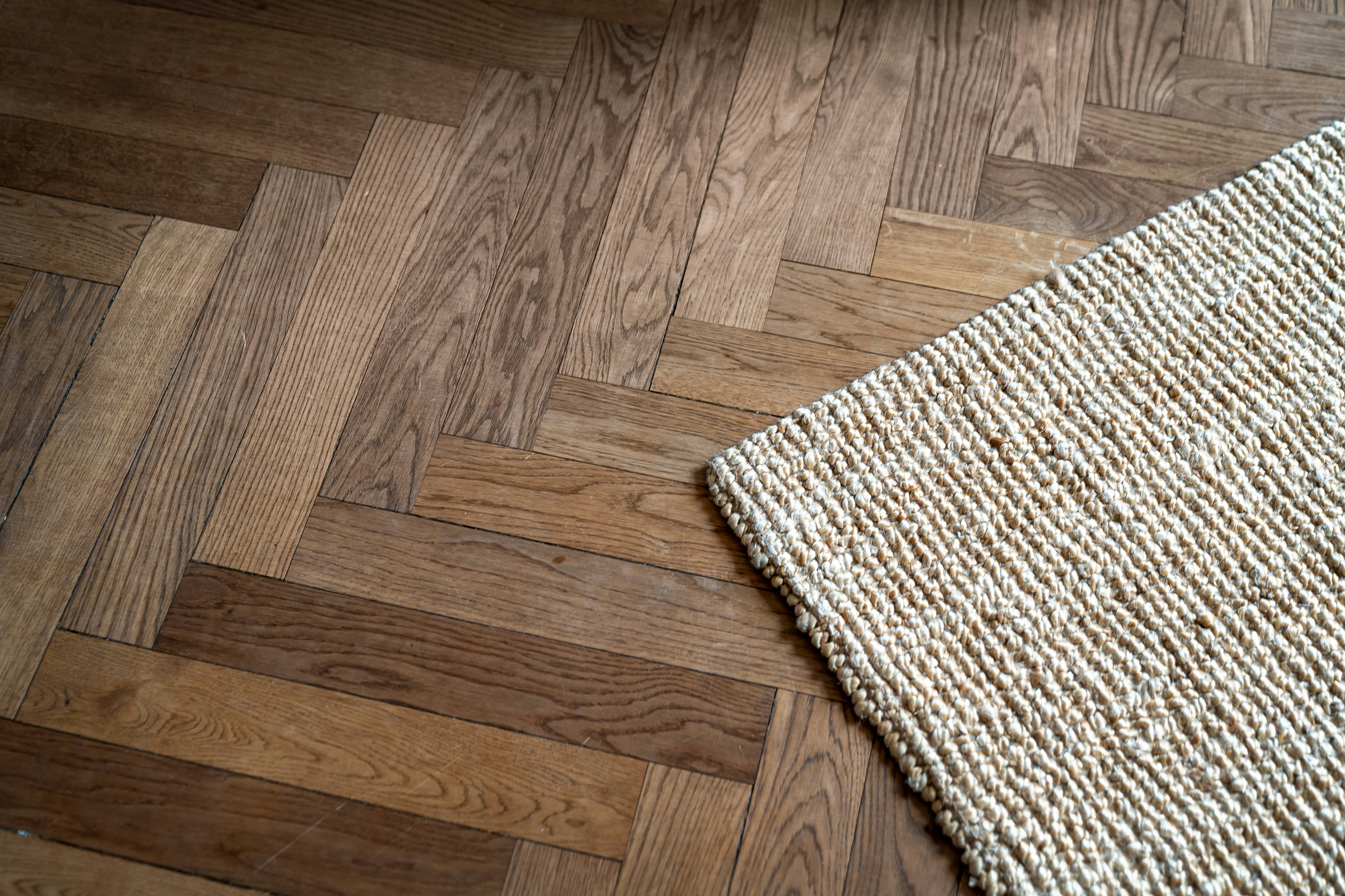 Close-up of natural solid wood grain flooring, warm raking light across the surface showing texture