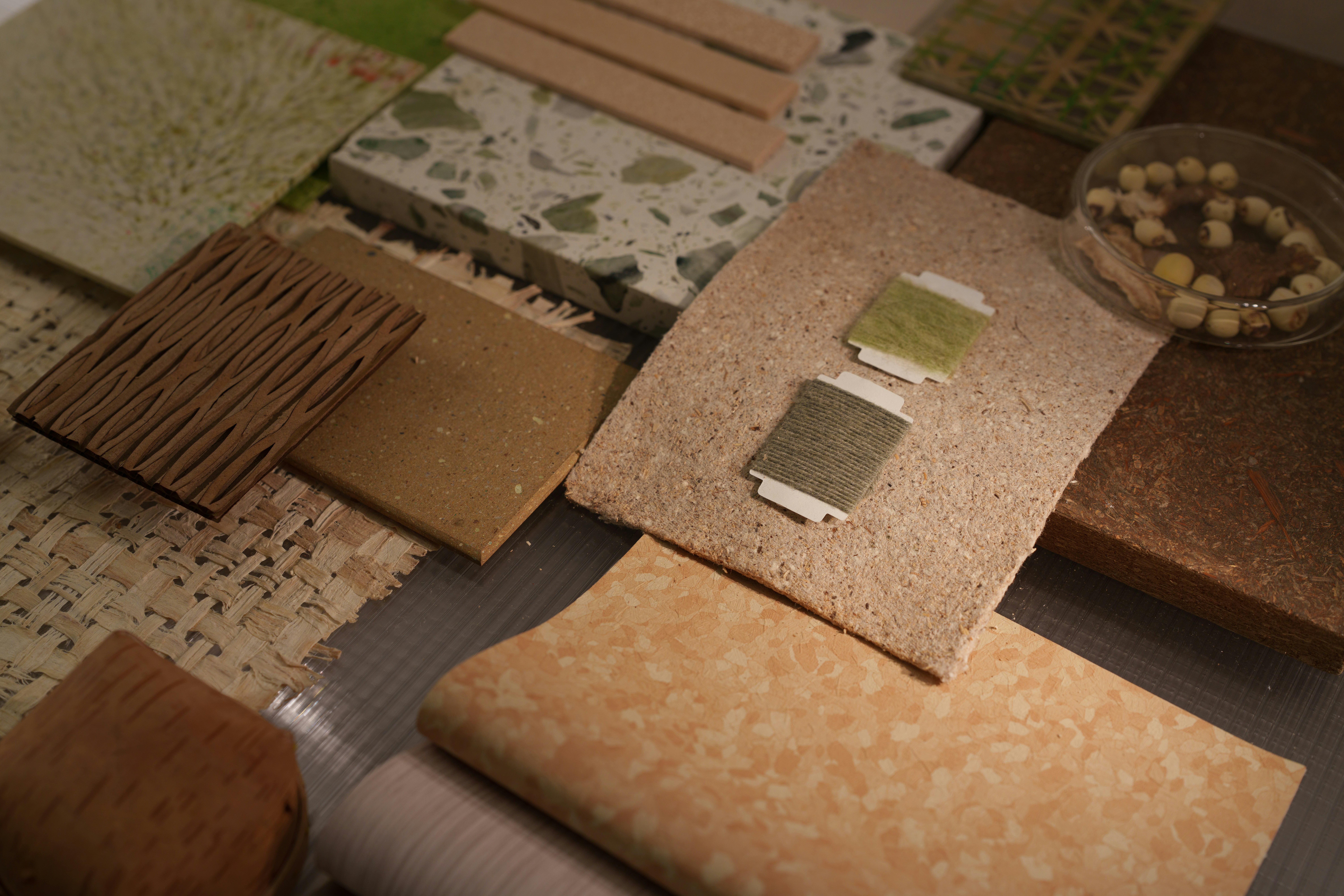 Raw material samples laid flat overhead, wood plank, tile sample, paint chip, clean and minimal