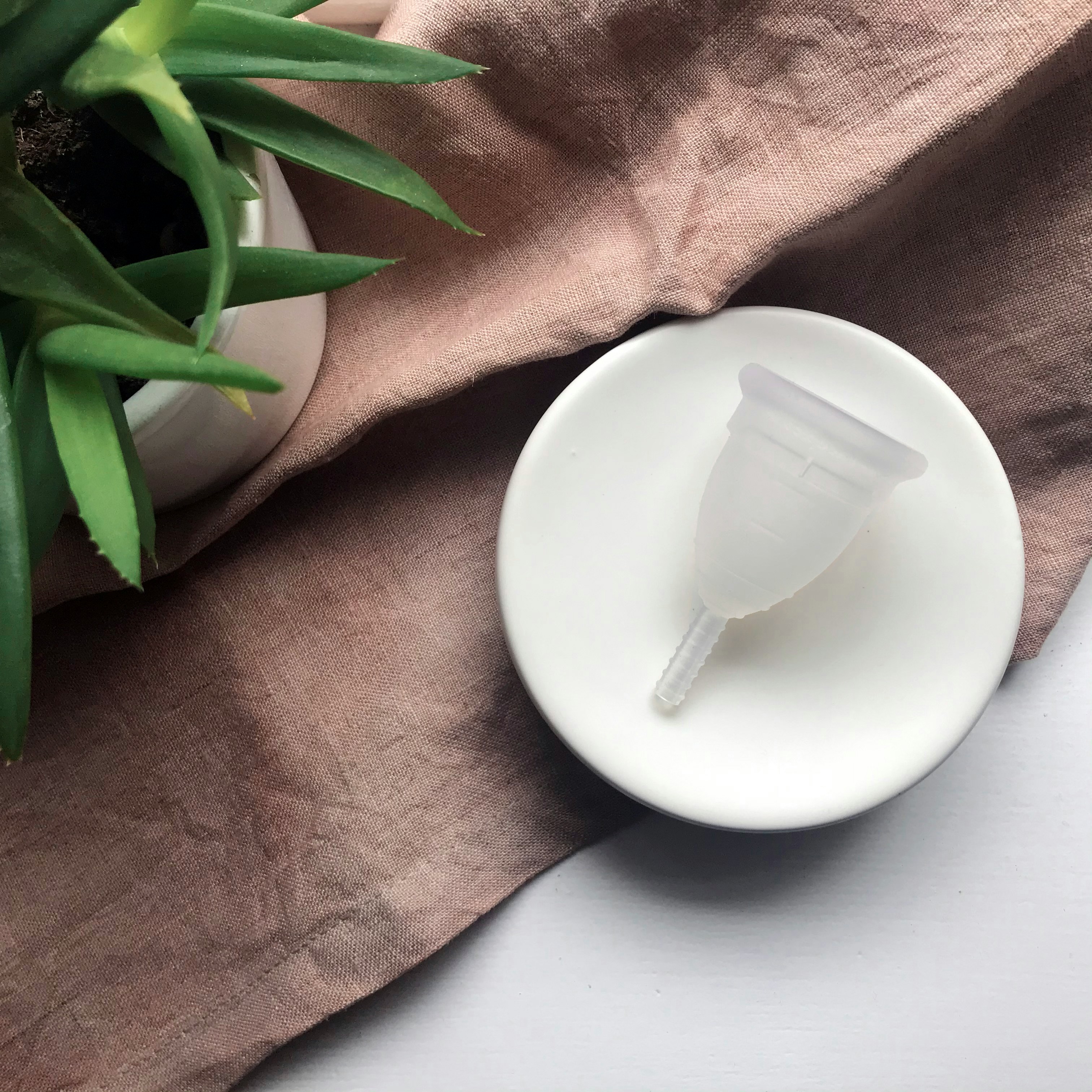 A menstrual cup and a cloth pad on a neutral pale surface, clean and matter-of-fact, overhead